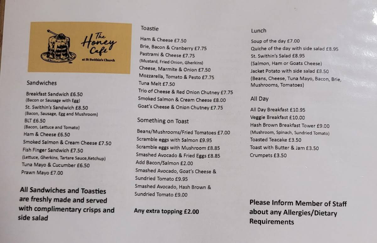 Photograph of The Honey Café menu board with dishes and prices